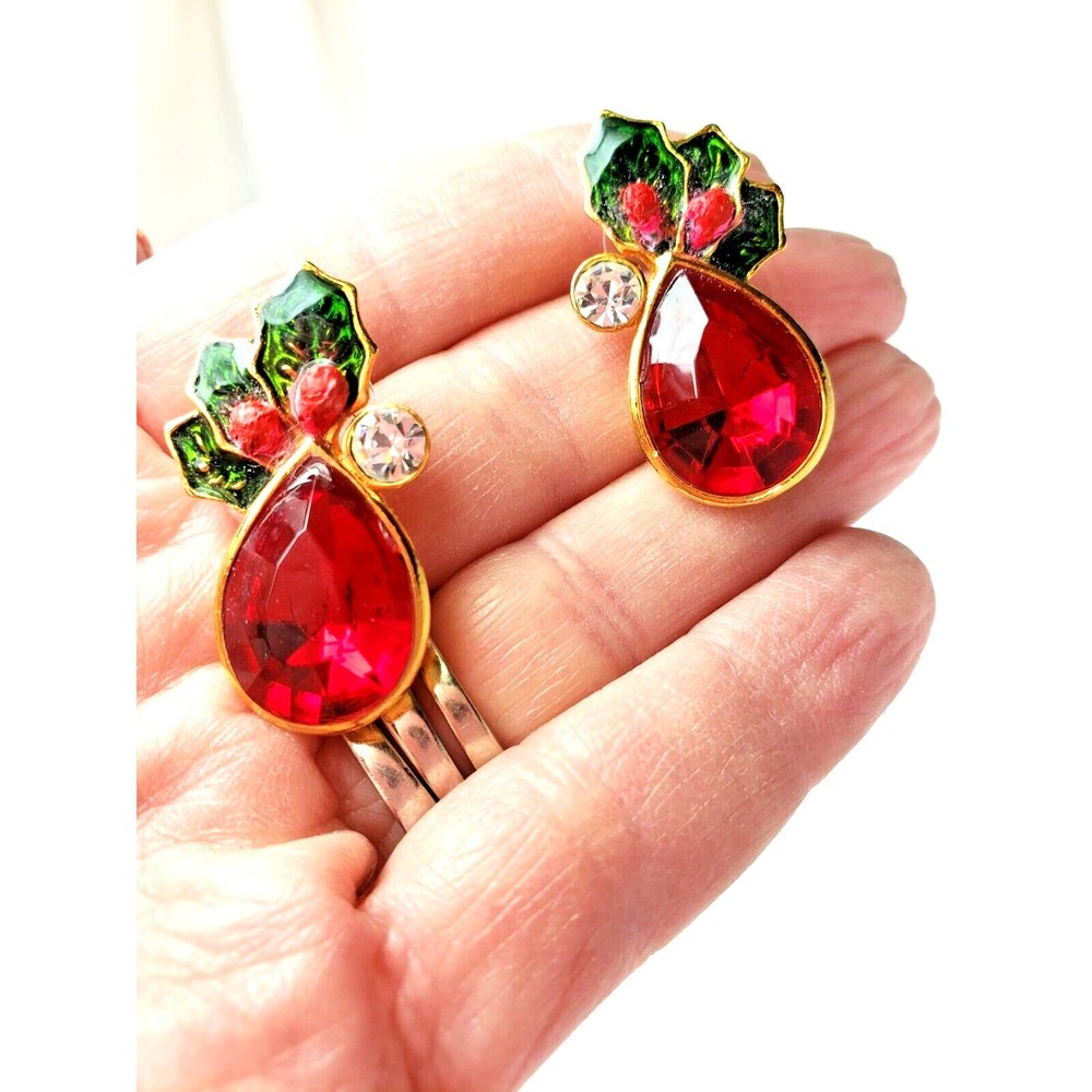 Vtg Avon Christmas Earrings Pierced Red + Clear Stones - Holly Berries repainted